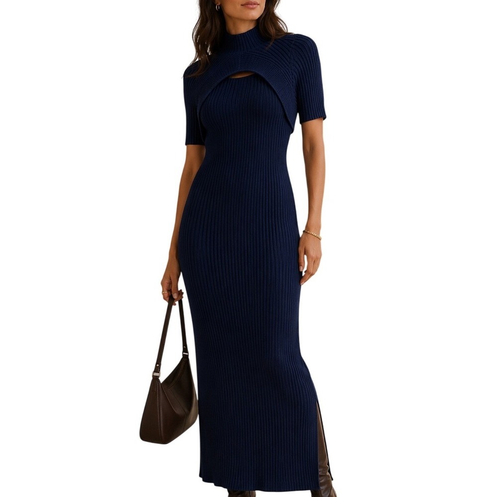 White House Black Market Navy‎ Blue Ribbed Knit Mock Neck Cutout Bodycon  Dress